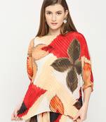 Beige Floral Print Pleated Top For Women