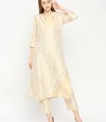 Ivory Traditional Floral Design Round Neck Brocade Kurti For Women