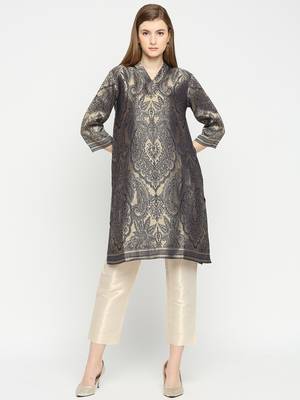 Navy Blue Unique Floral Design Design Brocade Kurti For Women 1