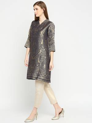 Navy Blue Unique Floral Design Design Brocade Kurti For Women 2