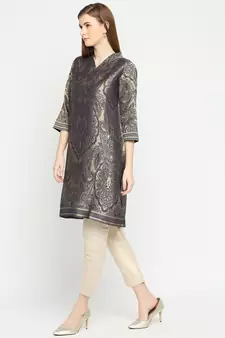 Navy Blue Unique Floral Design Design Brocade Kurti For Women