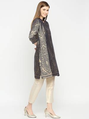 Navy Blue Unique Floral Design Design Brocade Kurti For Women 3