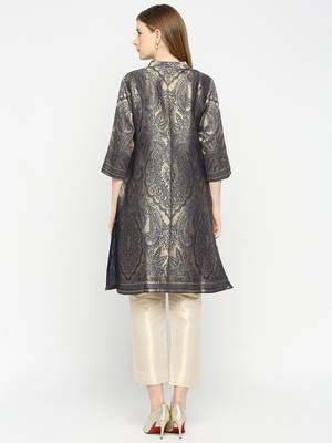 Navy Blue Unique Floral Design Design Brocade Kurti For Women 4