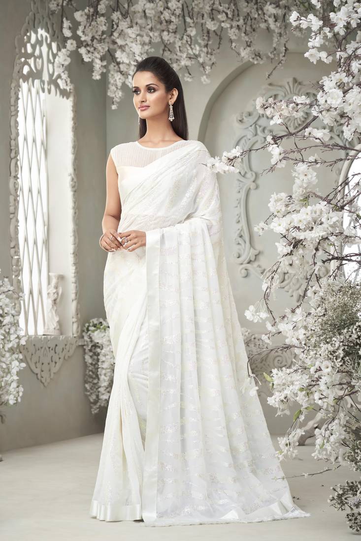 White embroidered georgette saree with blouse