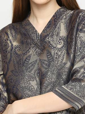Navy Blue Unique Floral Design Design Brocade Kurti For Women 5