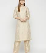 Ivory Round Neck Woven Floral Traditional Design Brocade Kurti For Women