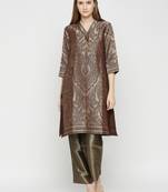 Brown V Neck Floral Design Unique Woven Design Brocade Kurti For Women
