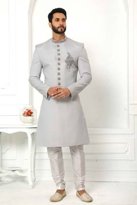 Grey embroidered art silk sherwani 1