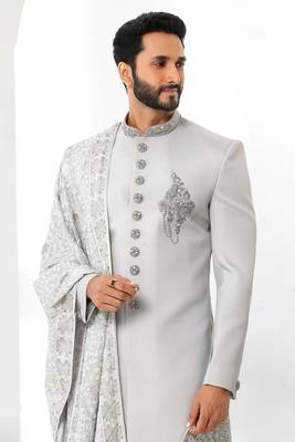 Grey embroidered art silk sherwani 2