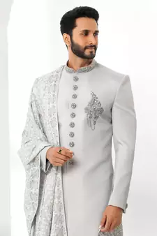 Grey embroidered art silk sherwani