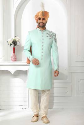Turquoise embroidered art silk sherwani 1