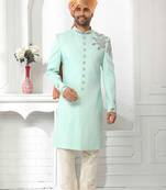 Turquoise embroidered art silk sherwani
