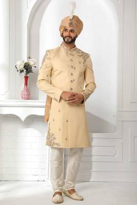 Beige embroidered art silk sherwani 1