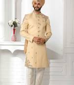 Beige embroidered art silk sherwani