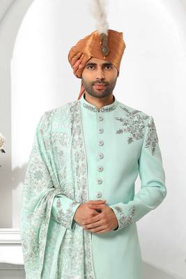 Turquoise embroidered art silk sherwani 2