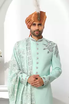 Turquoise embroidered art silk sherwani