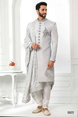 Grey embroidered art silk sherwani 4
