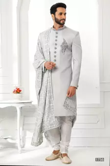 Grey embroidered art silk sherwani