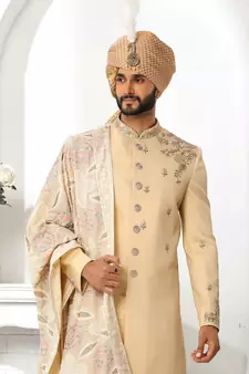 Beige embroidered art silk sherwani