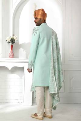 Turquoise embroidered art silk sherwani 3