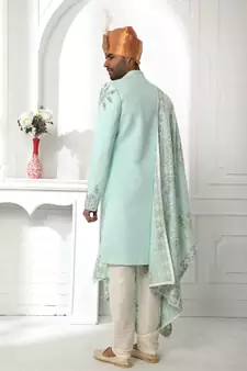 Turquoise embroidered art silk sherwani