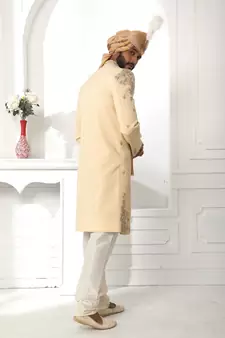 Beige embroidered art silk sherwani