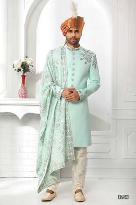 Turquoise embroidered art silk sherwani 4