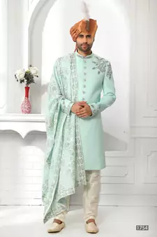 Turquoise embroidered art silk sherwani