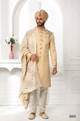 Beige embroidered art silk sherwani 4