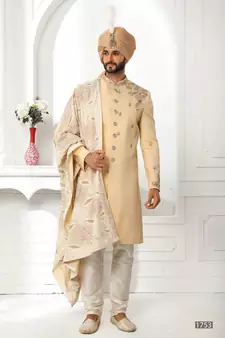 Beige embroidered art silk sherwani