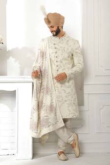Fawn embroidered art silk sherwani