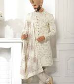 Fawn embroidered art silk sherwani