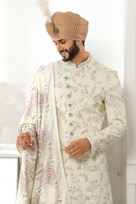 Fawn embroidered art silk sherwani 2