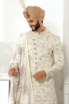 Fawn embroidered art silk sherwani