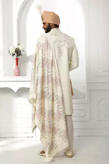 Fawn embroidered art silk sherwani