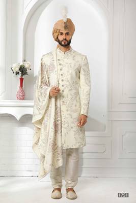 Fawn embroidered art silk sherwani 4