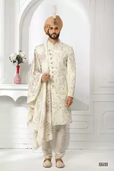 Fawn embroidered art silk sherwani