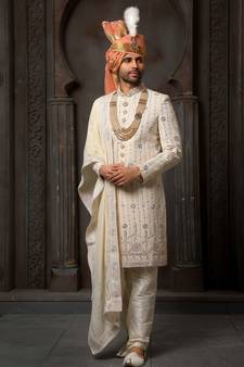 Fawn embroidered georgette sherwani