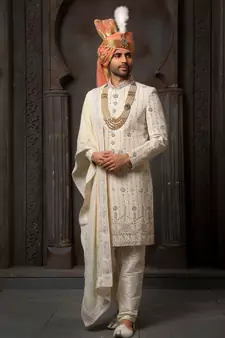 Fawn embroidered georgette sherwani