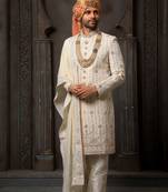 Fawn embroidered georgette sherwani