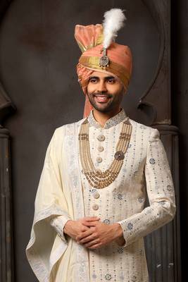 Fawn embroidered georgette sherwani 2