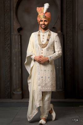 Fawn embroidered georgette sherwani 3