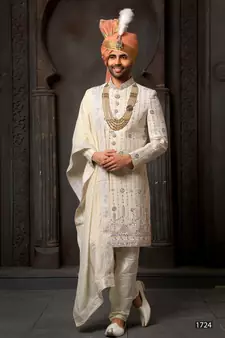 Fawn embroidered georgette sherwani
