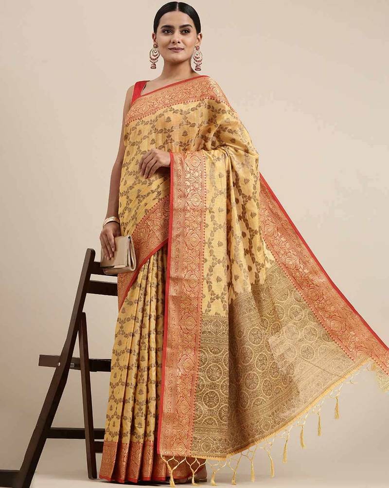 Yellow woven art silk saree with blouse