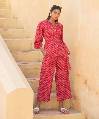 Geometric Lava Red Pant Suit Set 1