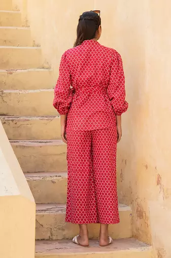 Geometric Lava Red Pant Suit Set