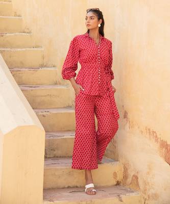 Geometric Lava Red Pant Suit Set 3
