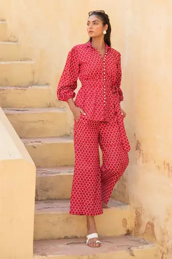 Geometric Lava Red Pant Suit Set