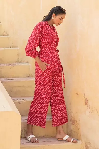 Geometric Lava Red Pant Suit Set