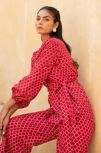 Geometric Lava Red Pant Suit Set